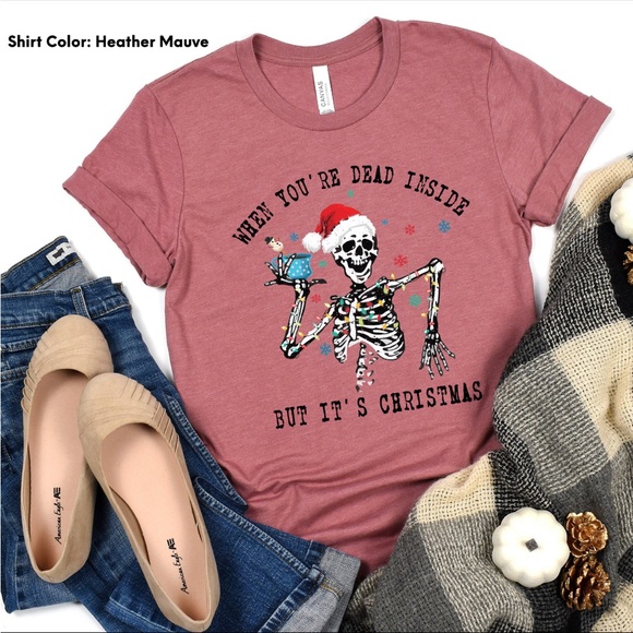 NEW NWOT When You’re Dead Inside But It’s Christmas Skeleton V-neck Tee L Gray - Picture 3 of 9